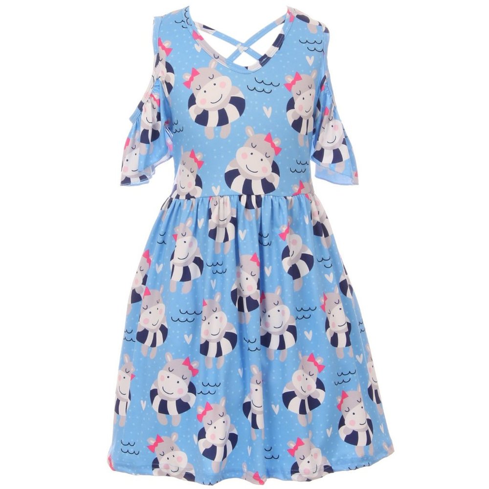 Little Girls Lovely Cold Shoulder Happy Hippo Birthday Party Easter Girl Dress